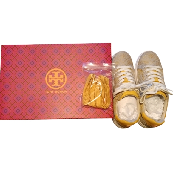 NEW Tory Burch Howell T Monogram Gold Thread Jacquard & Calf Leather Sne… - Picture 4 of 14